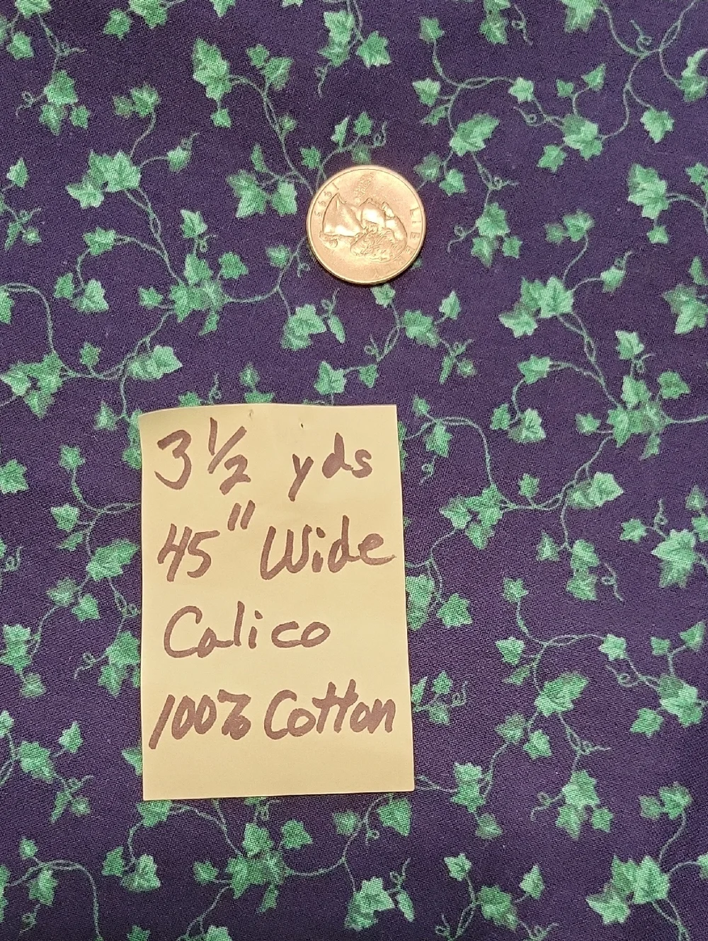 NWT Navy Cotton Calico Fabric with Green Ivy Print, 3 1/2 Yards